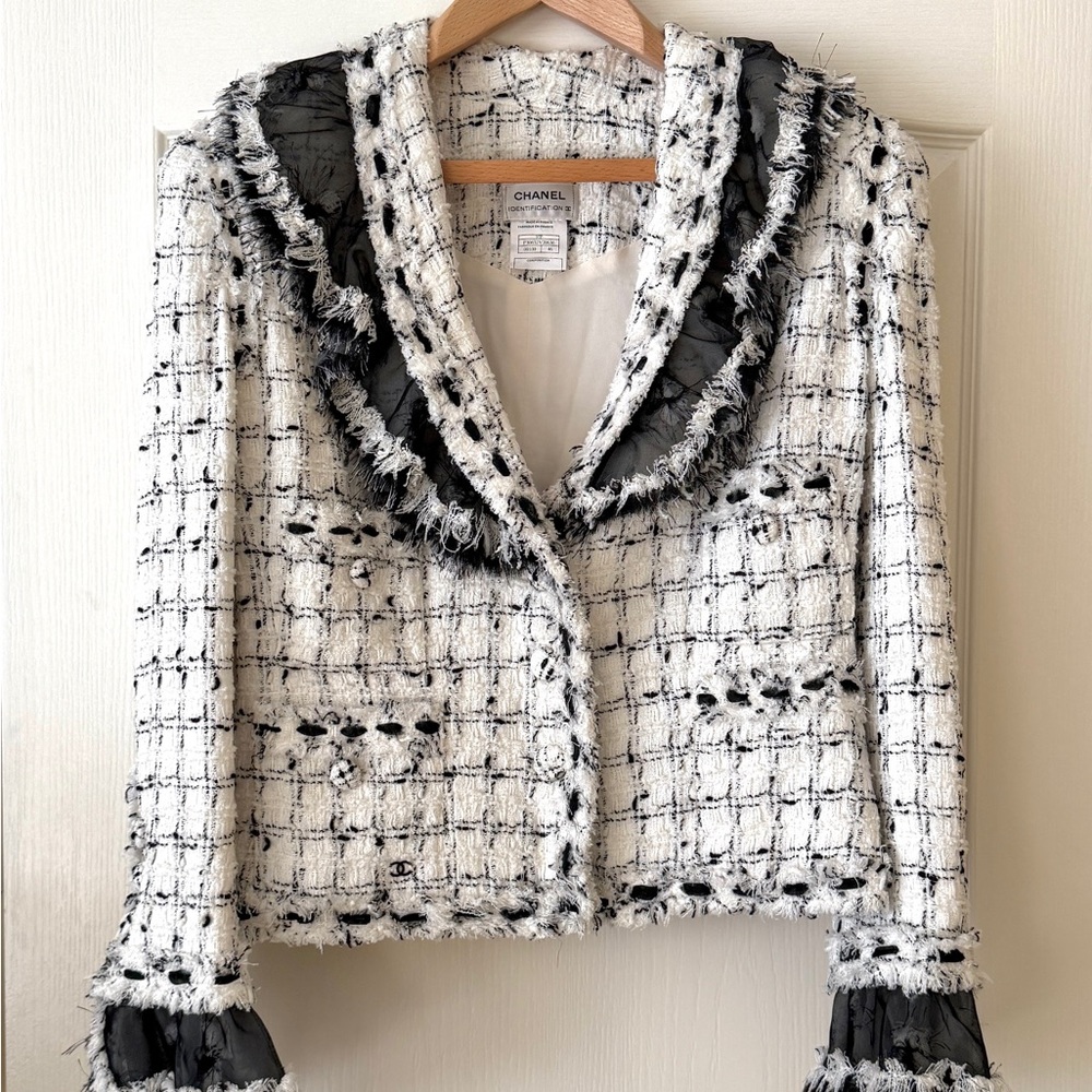 IMITATION CHANEL Monochrome Tweed Jacket with Fringe